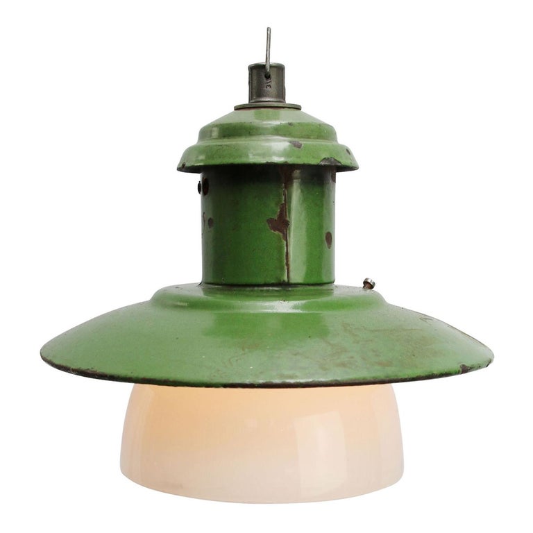 Green Enamel Vintage Industrial Opaline Glass Pendant Lights For Sale