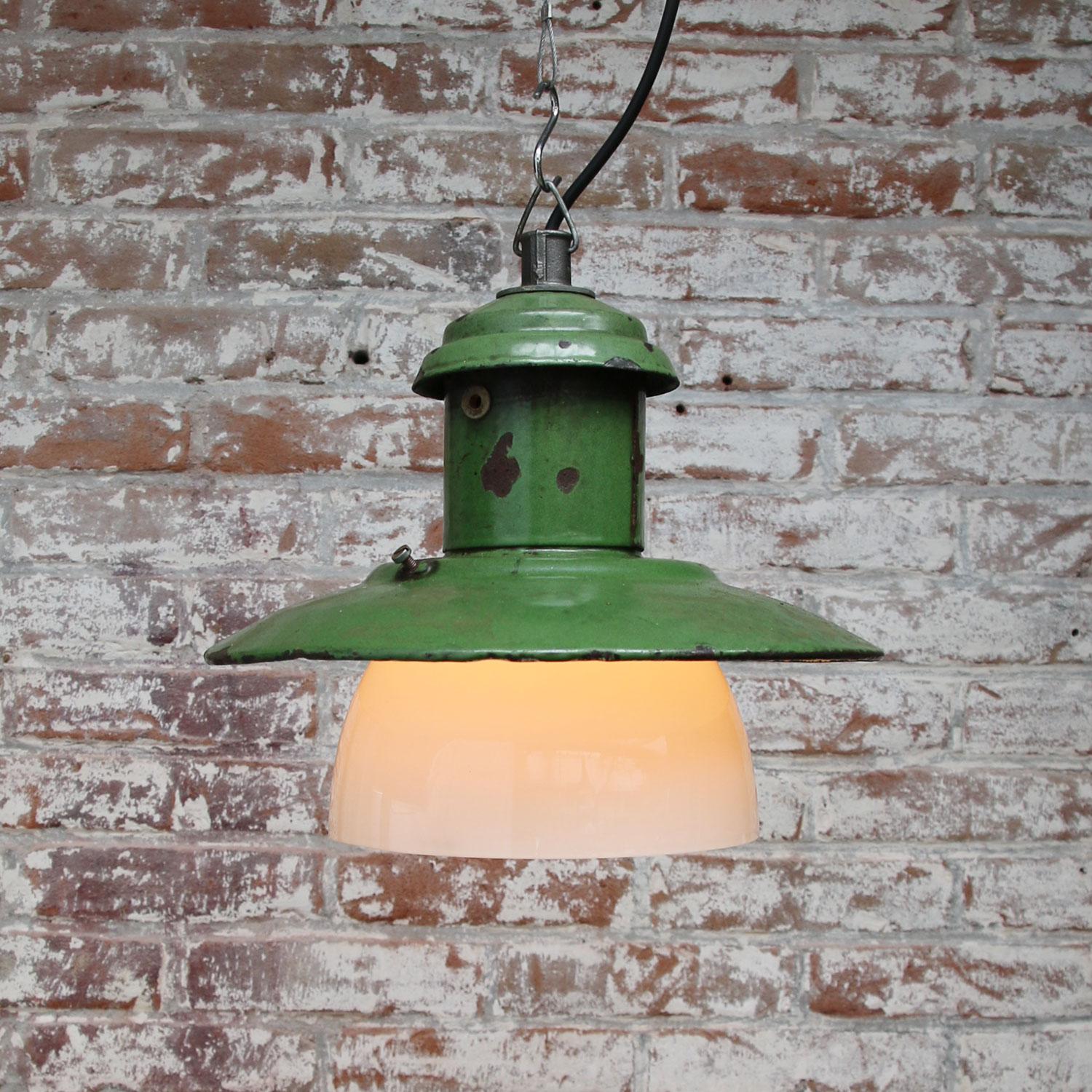 Ukrainian Green Enamel Vintage Industrial Opaline Glass Pendant Lights