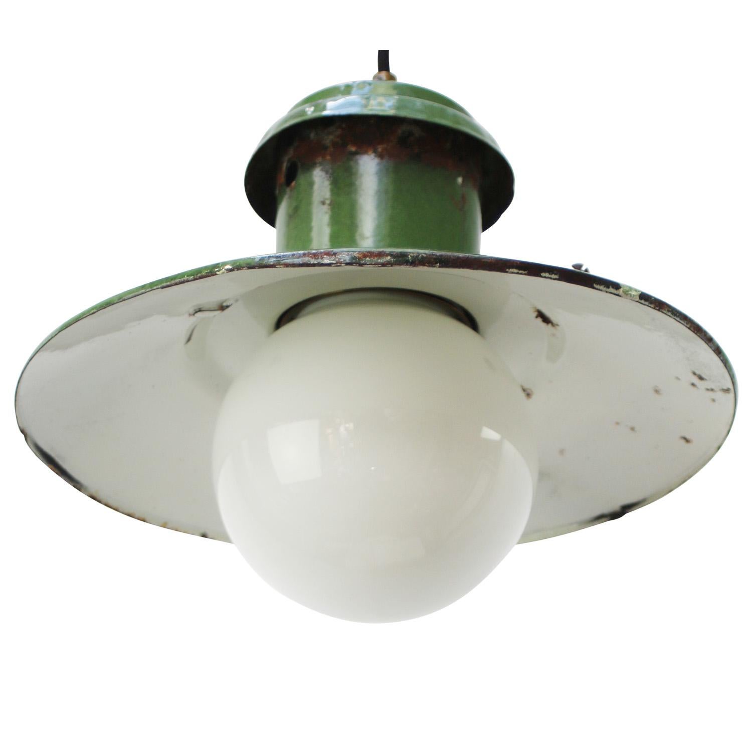 Green Enamel Vintage Industrial Opaline Glass Pendant Lights In Good Condition For Sale In Amsterdam, NL