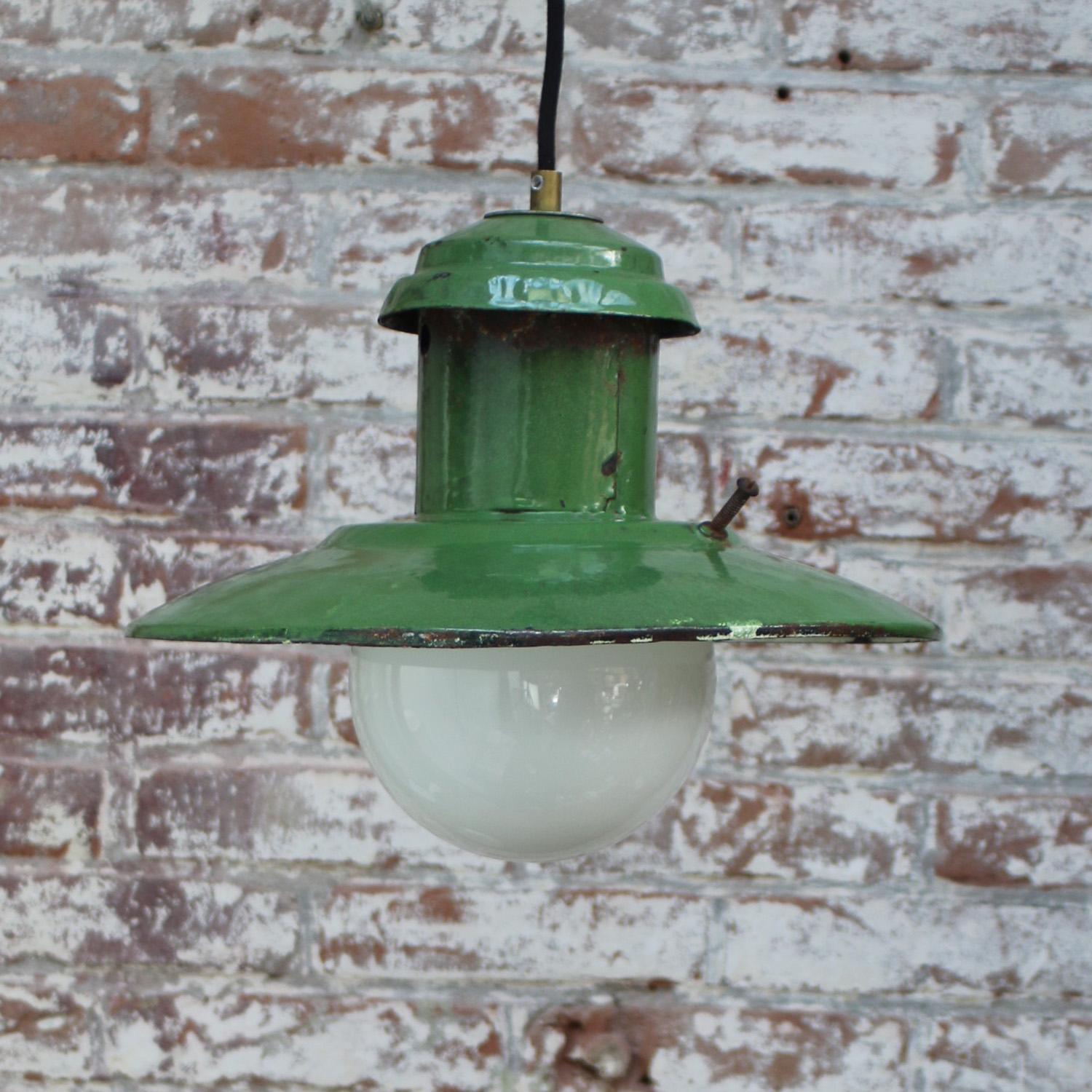 20th Century Green Enamel Vintage Industrial Opaline Glass Pendant Lights For Sale