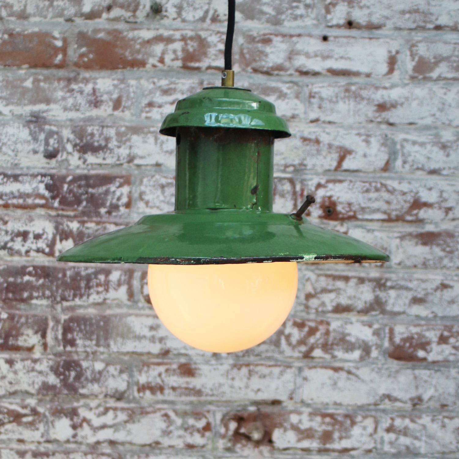 Green Enamel Vintage Industrial Opaline Glass Pendant Lights For Sale 1