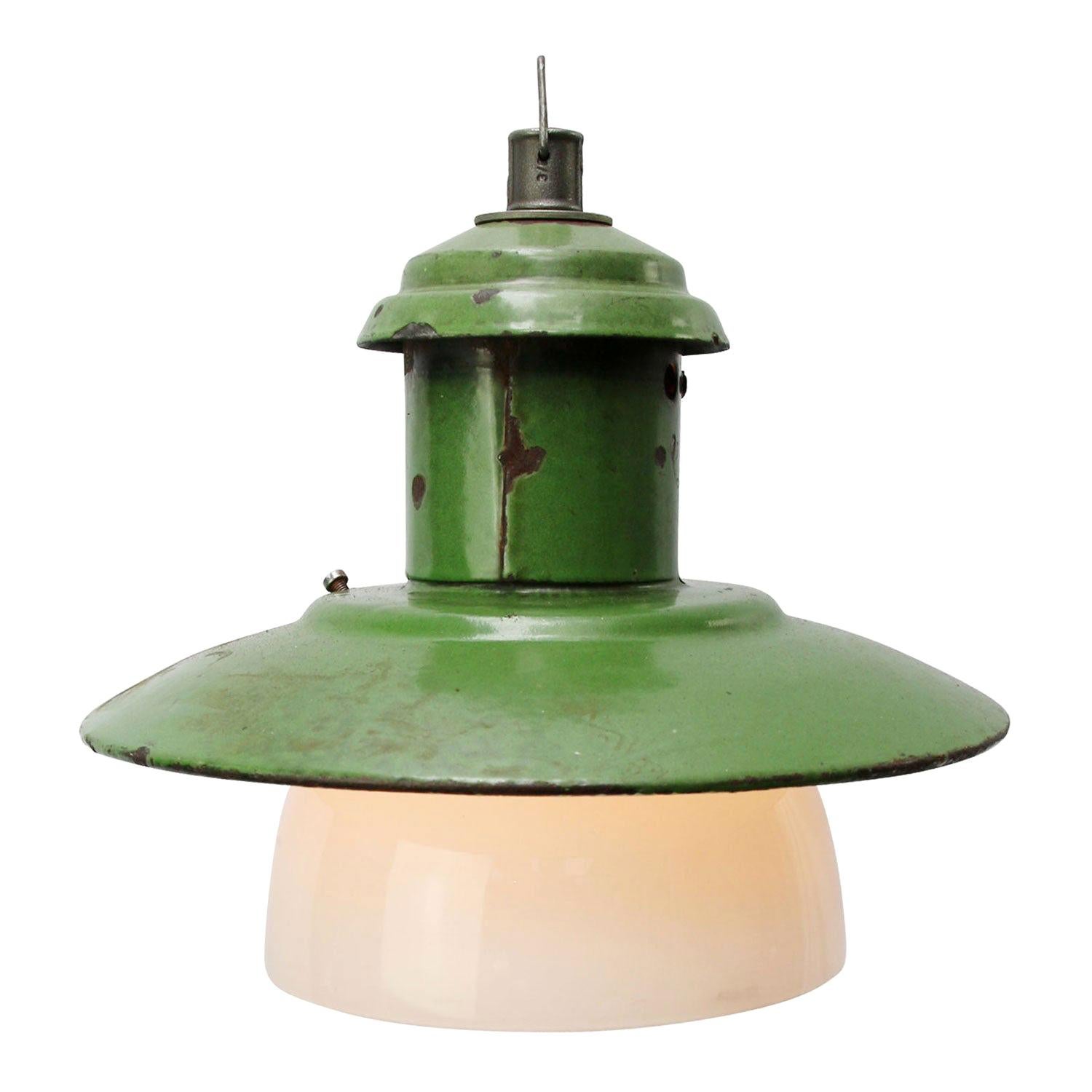 Green Enamel Vintage Industrial Opaline Glass Pendant Lights