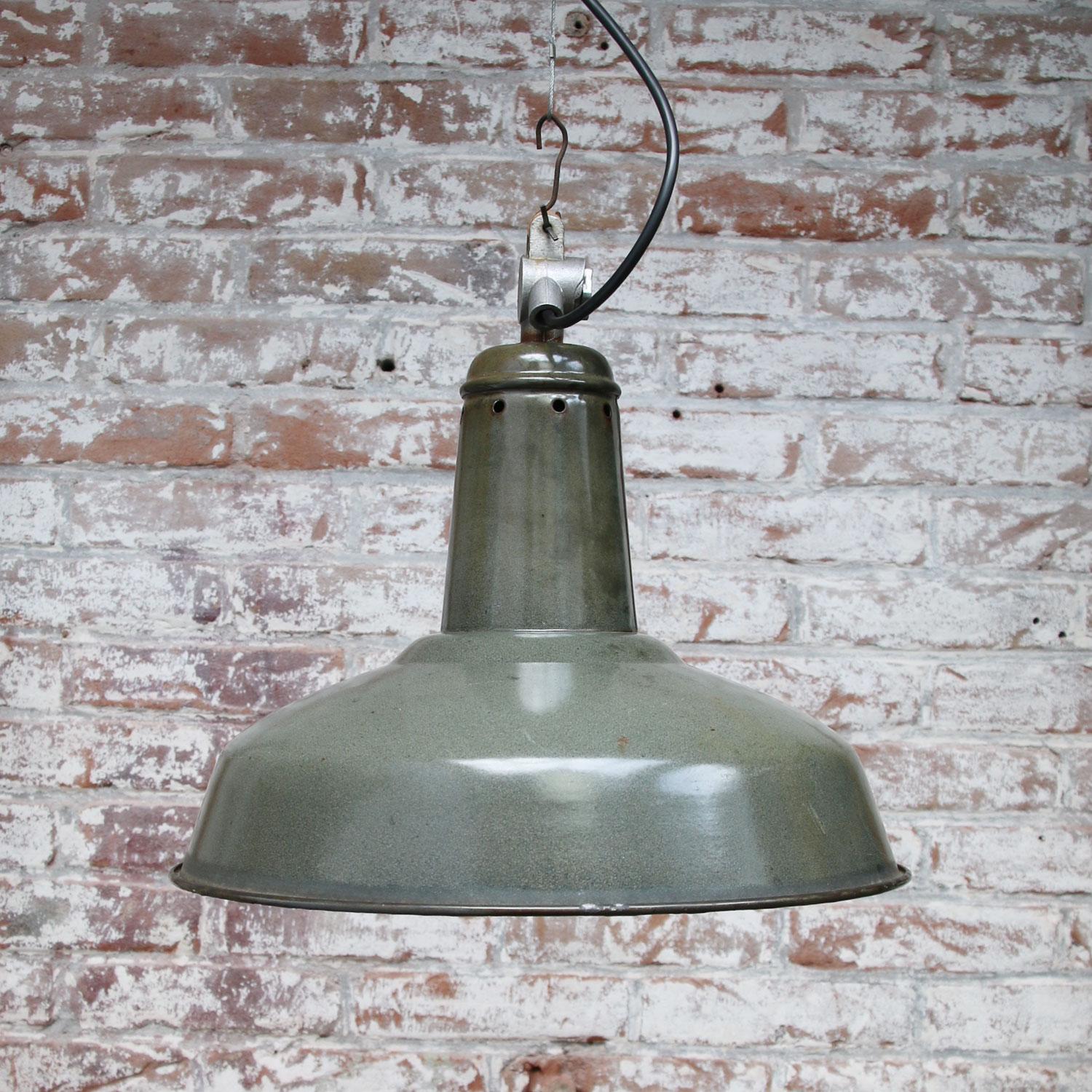 French Green Enamel Vintage Industrial Pendant Light