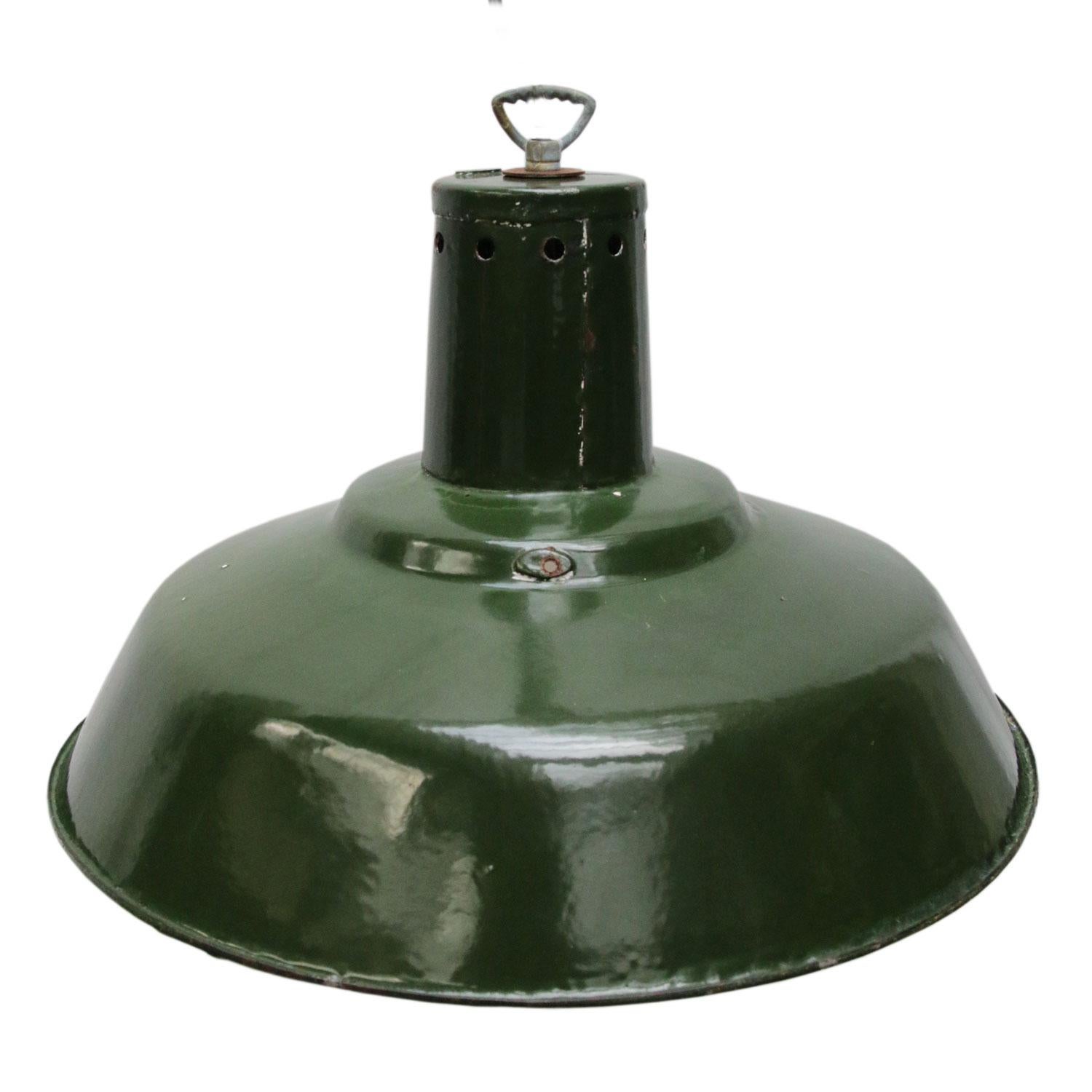 Dark green enamel factory pendant from the Ukraine.
White interior.

Weight: 2.0 kg / 4.4 lb

Priced per individual item. All lamps have been made suitable by international standards for incandescent light bulbs, energy-efficient and LED bulbs.
