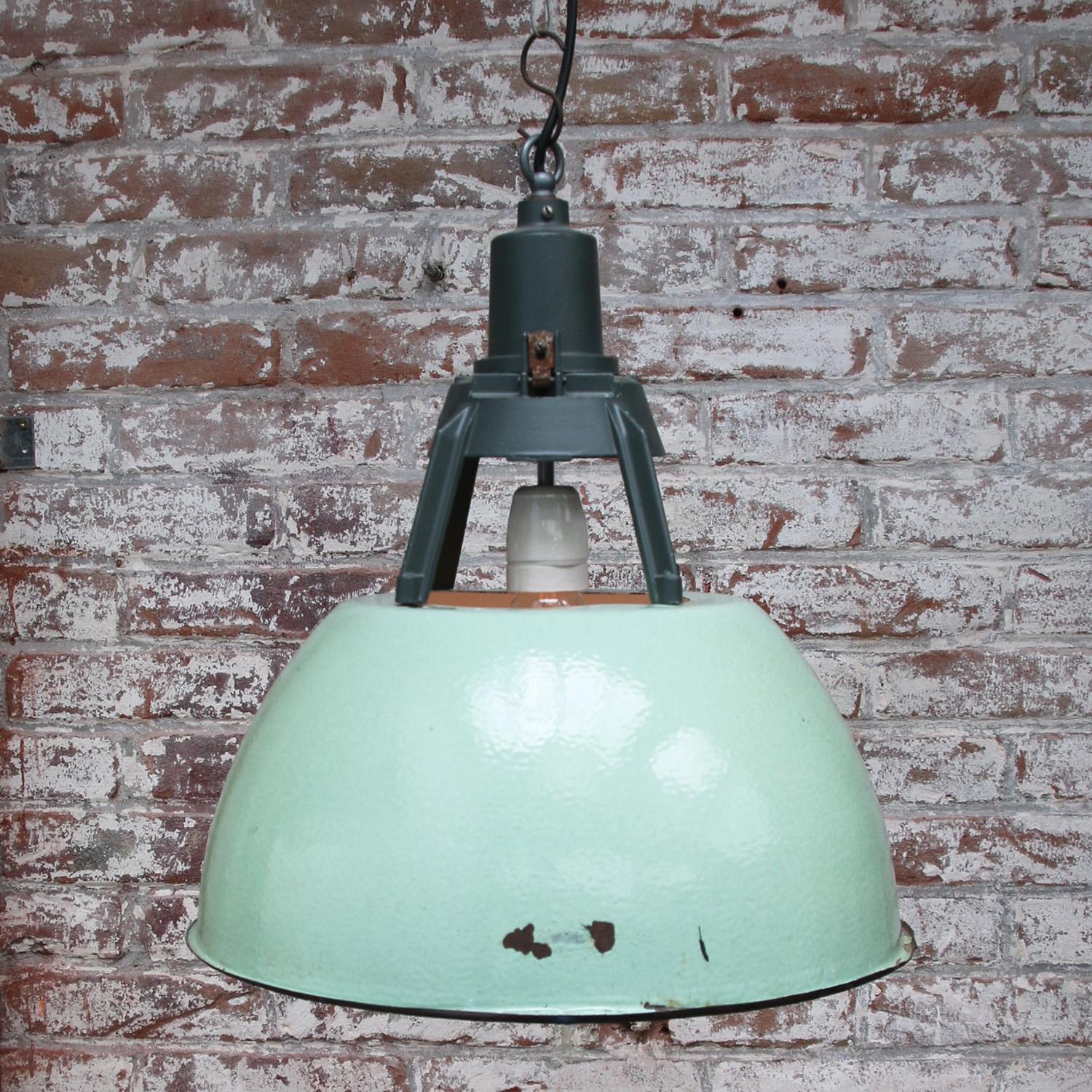 Cast Green Enamel Vintage Industrial Pendant Lights For Sale