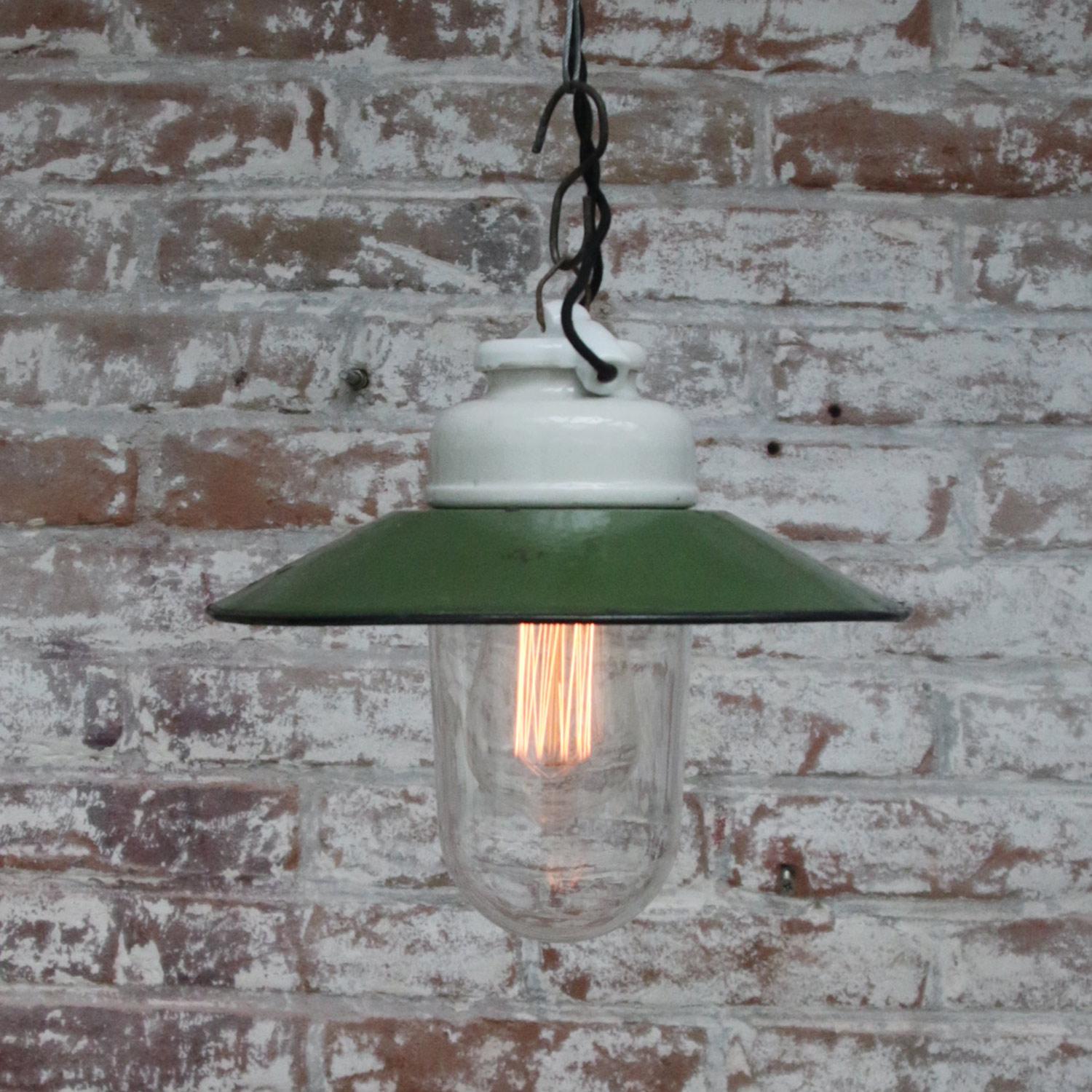 Green Enamel Vintage Industrial Porcelain Clear Glass Pendant Lights In Good Condition In Amsterdam, NL