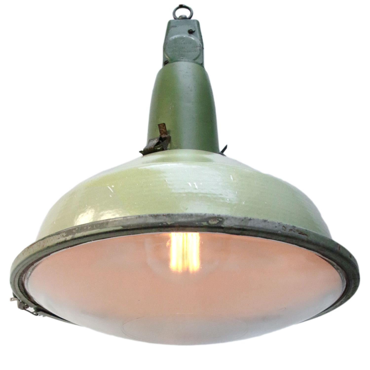 Ukrainian Green Enamel Vintage Industrial Round Clear Glass Pendant Lamp