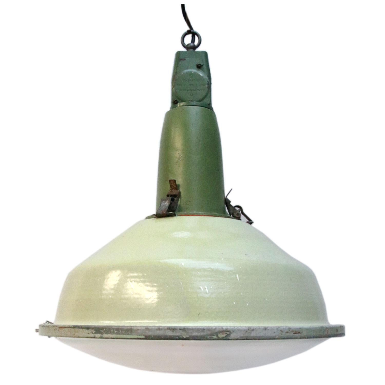 20th Century Green Enamel Vintage Industrial Round Clear Glass Pendant Lamp