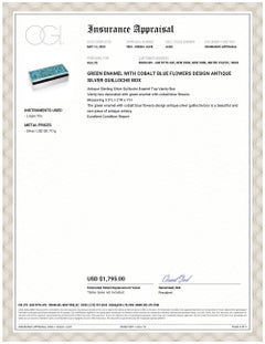 Green Enamel Cobalt Blue Flowers Design Antique Silver Guilloche 3.5 Inch cBox