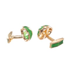 Green Enamel Yellow Gold Button Domed Cufflinks