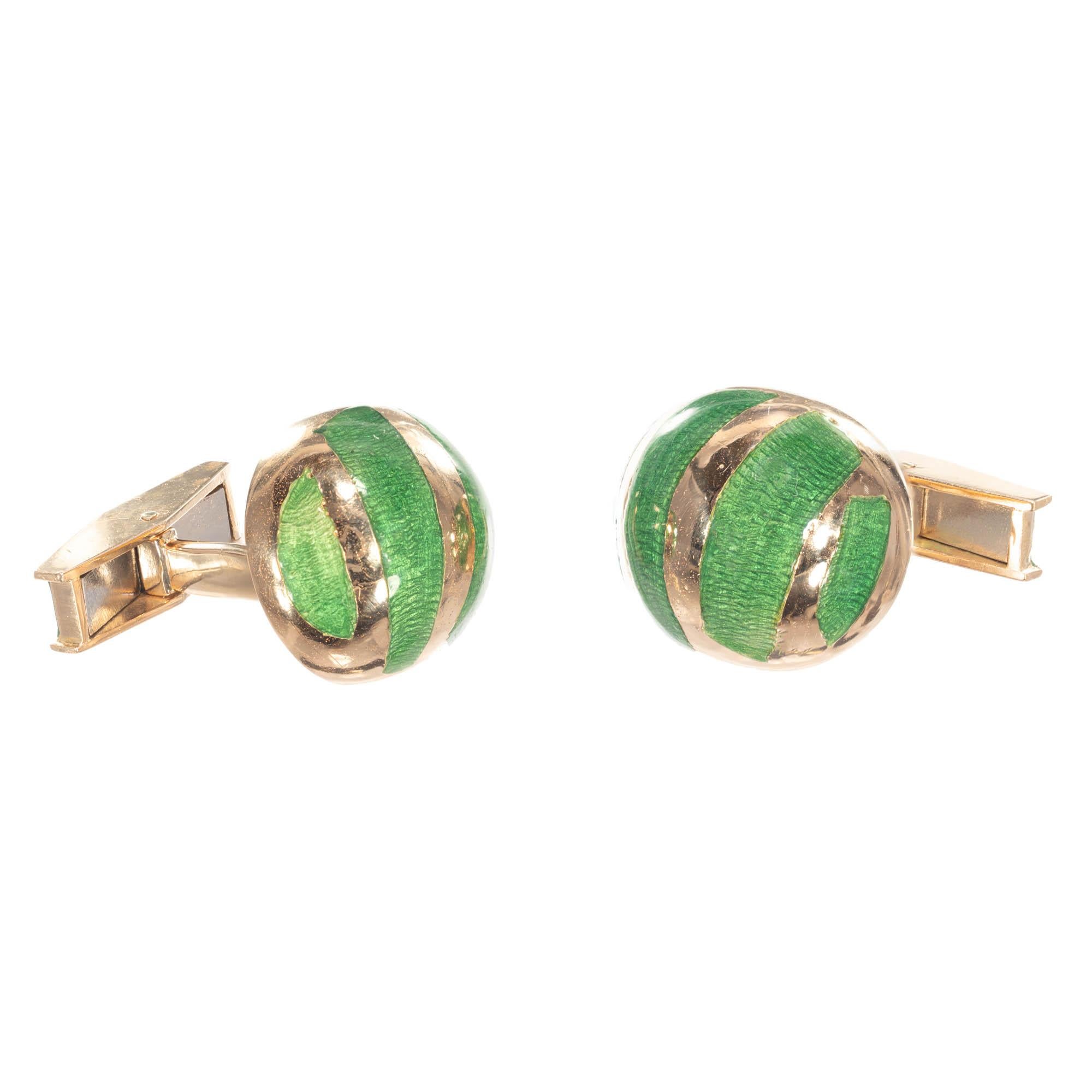Green Enamel Yellow Gold Button Domed Cufflinks In Good Condition For Sale In Stamford, CT