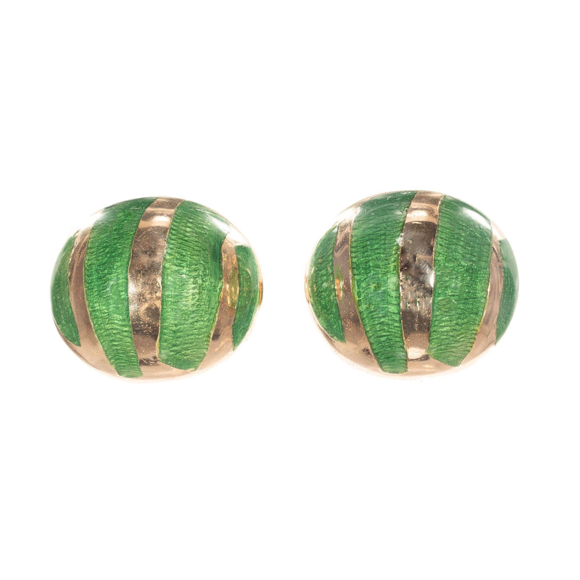 Green Enamel Yellow Gold Button Domed Cufflinks For Sale