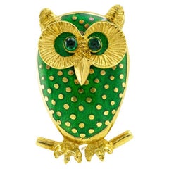 Green Enamel Yellow Gold Owl Brooch