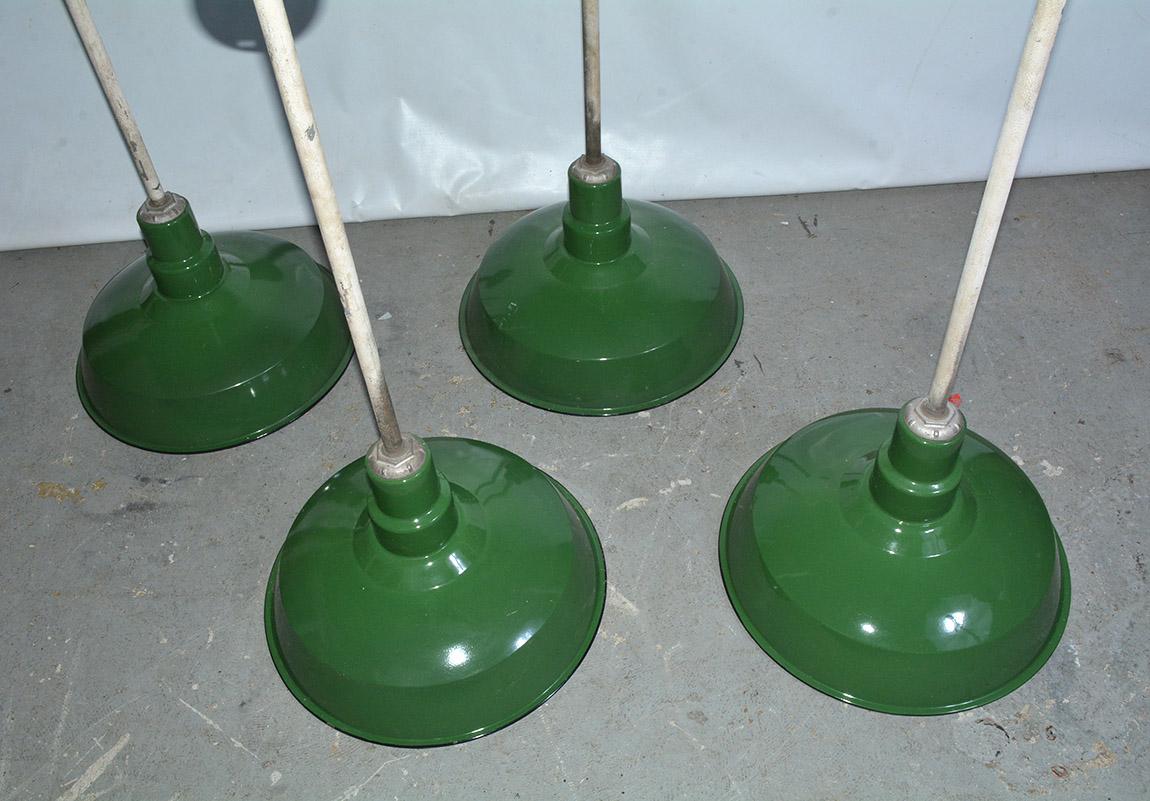 Green Enameled Industrial Hanging Light Fixture Sold Singly In Good Condition In Sheffield, MA