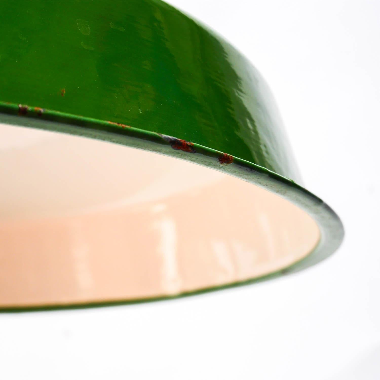 French Green Enameled Flat Ceiling Lamp, France, circa 1950