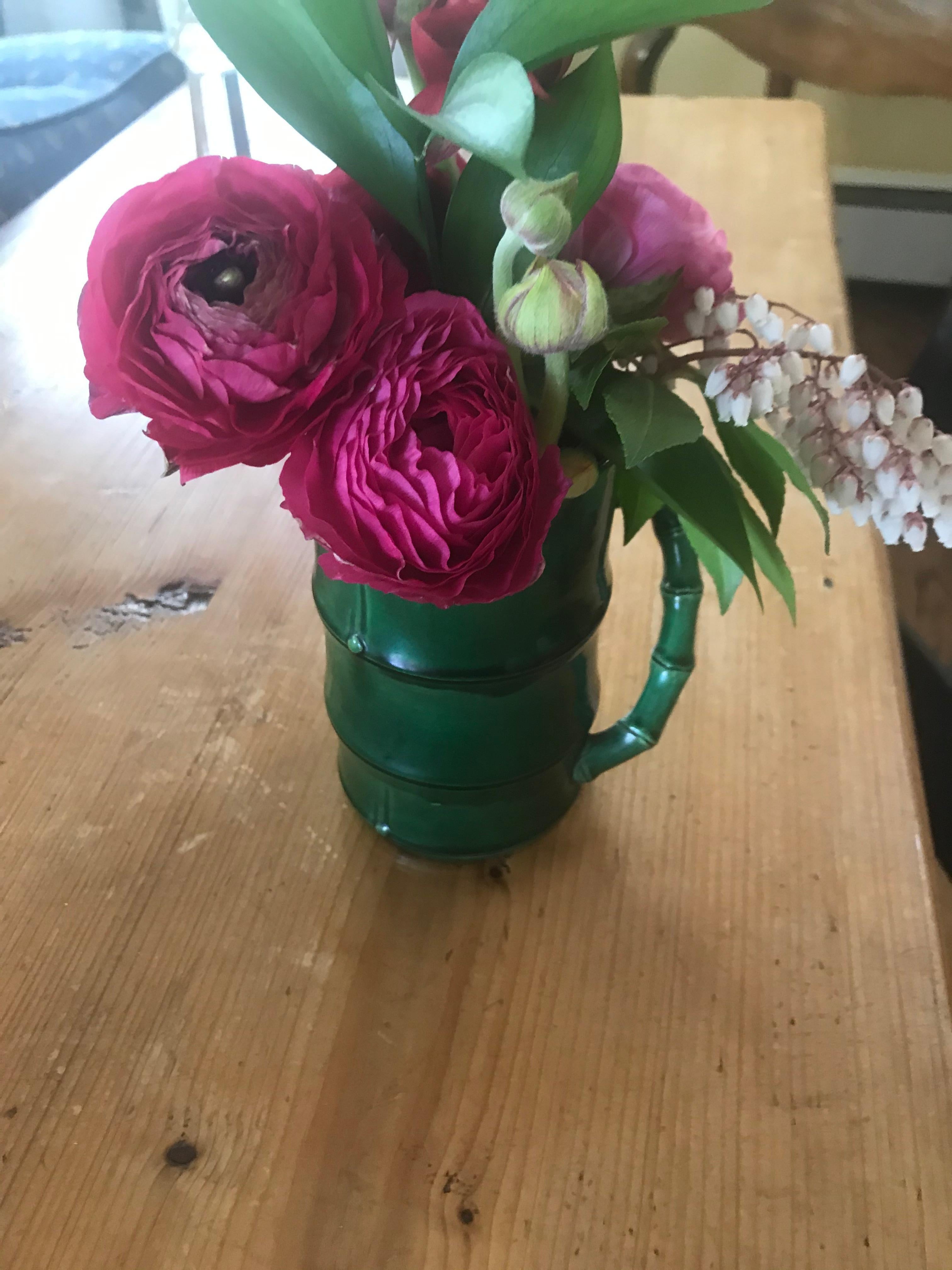 Green English bamboo mug. Finely modeled tall naturalistic bamboo shoot tea or coffee cup/mug with curved stem handle all in a dark green glaze. An unusual and strong addition to an Aesthetic Movement/ chinoiserie collection. Hairline crack at rim