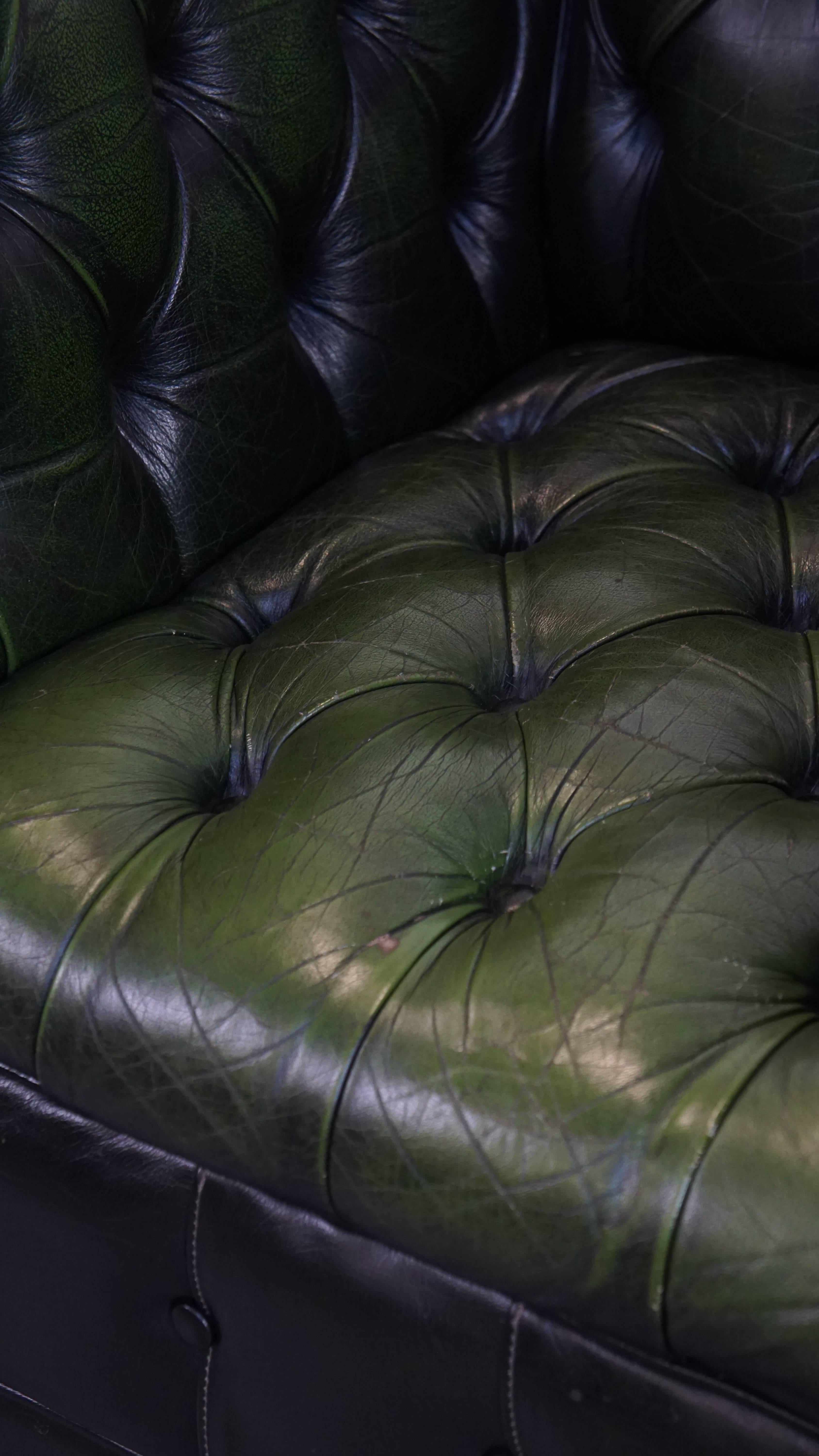 Green English Chesterfield Club Armchair with Beautiful Patina and Vintage Look For Sale 4