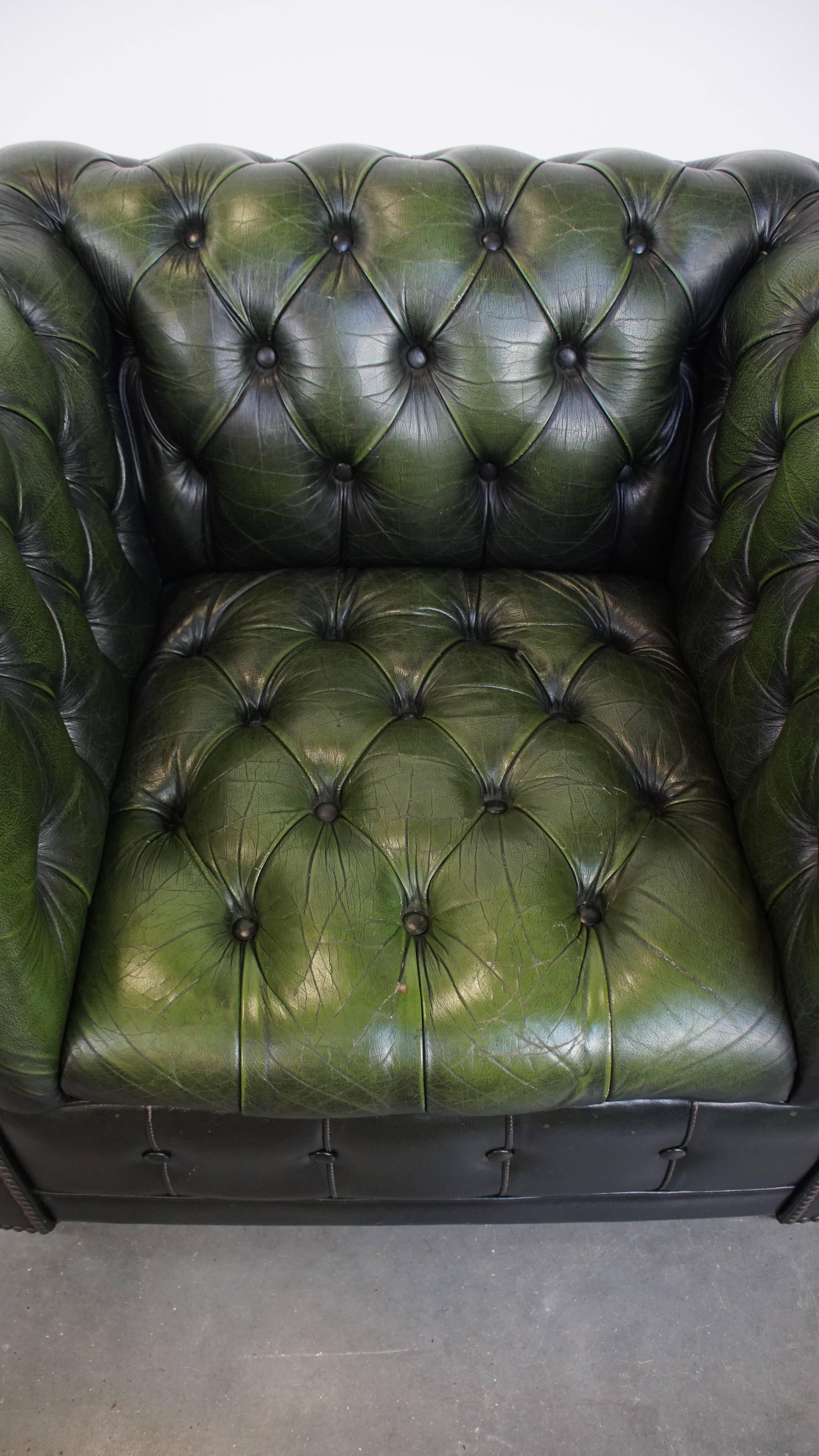Cowhide Green English Chesterfield Club Armchair with Beautiful Patina and Vintage Look For Sale