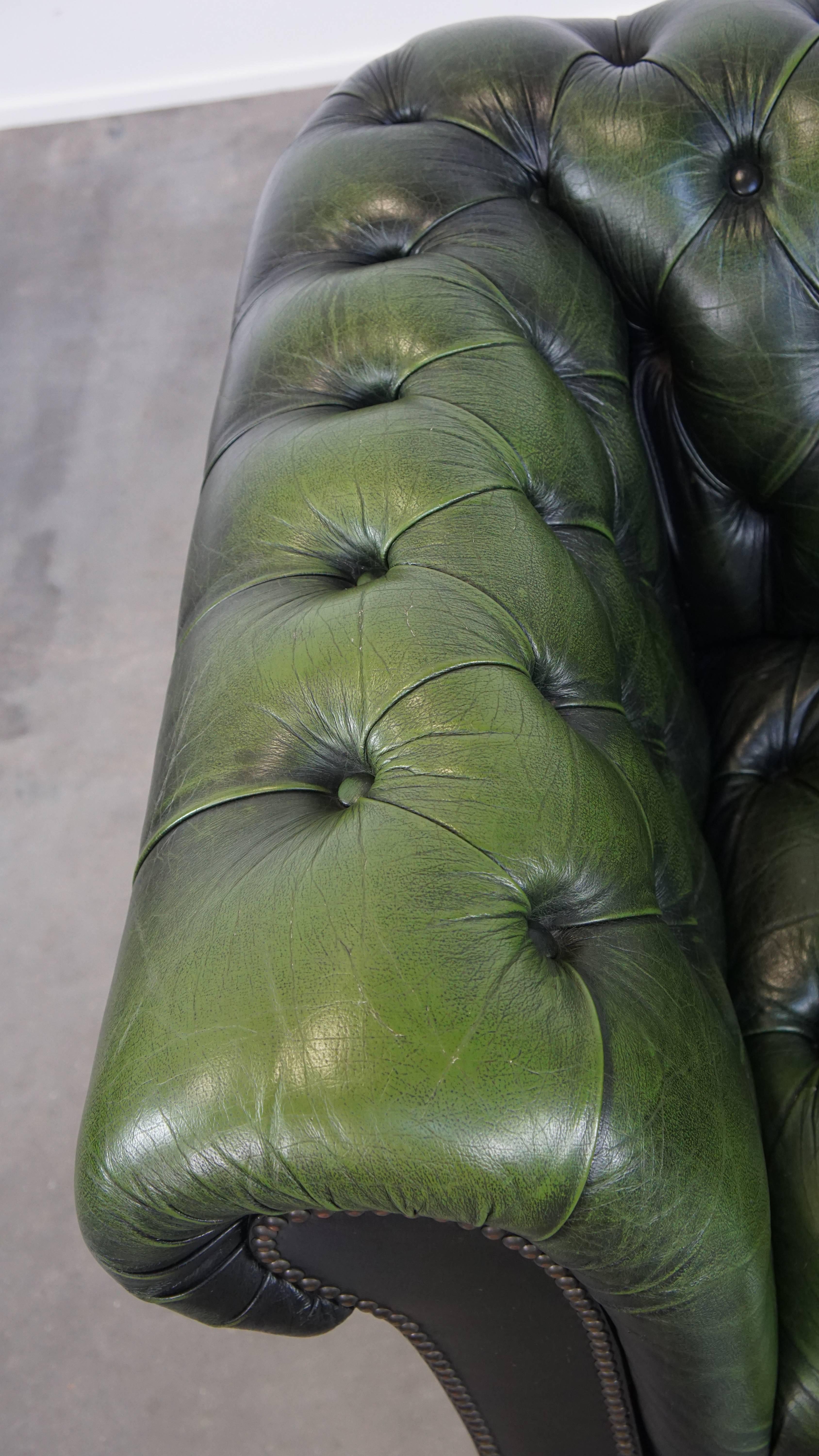 Green English Chesterfield Club Armchair with Beautiful Patina and Vintage Look For Sale 1