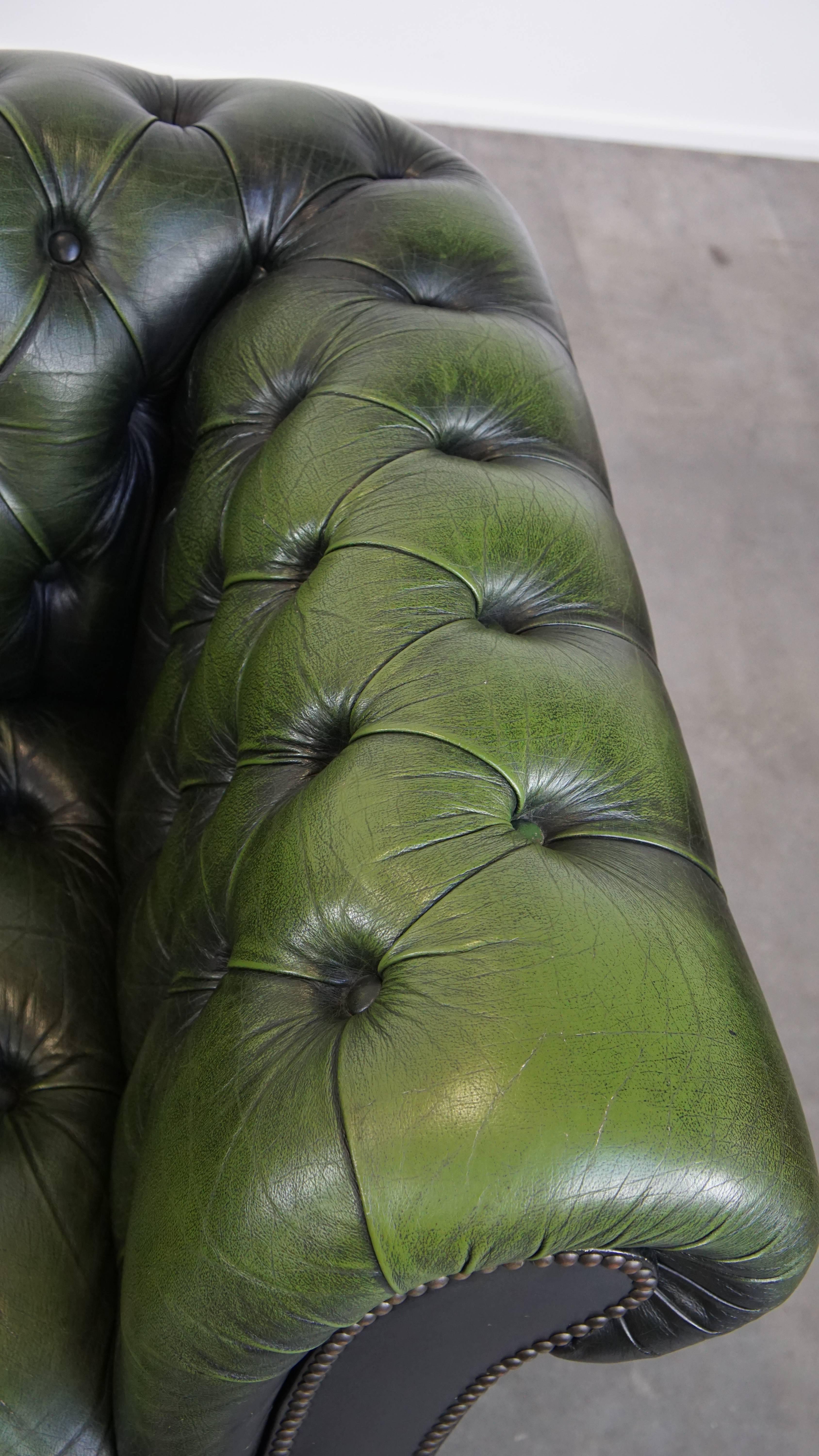 Green English Chesterfield Club Armchair with Beautiful Patina and Vintage Look For Sale 2