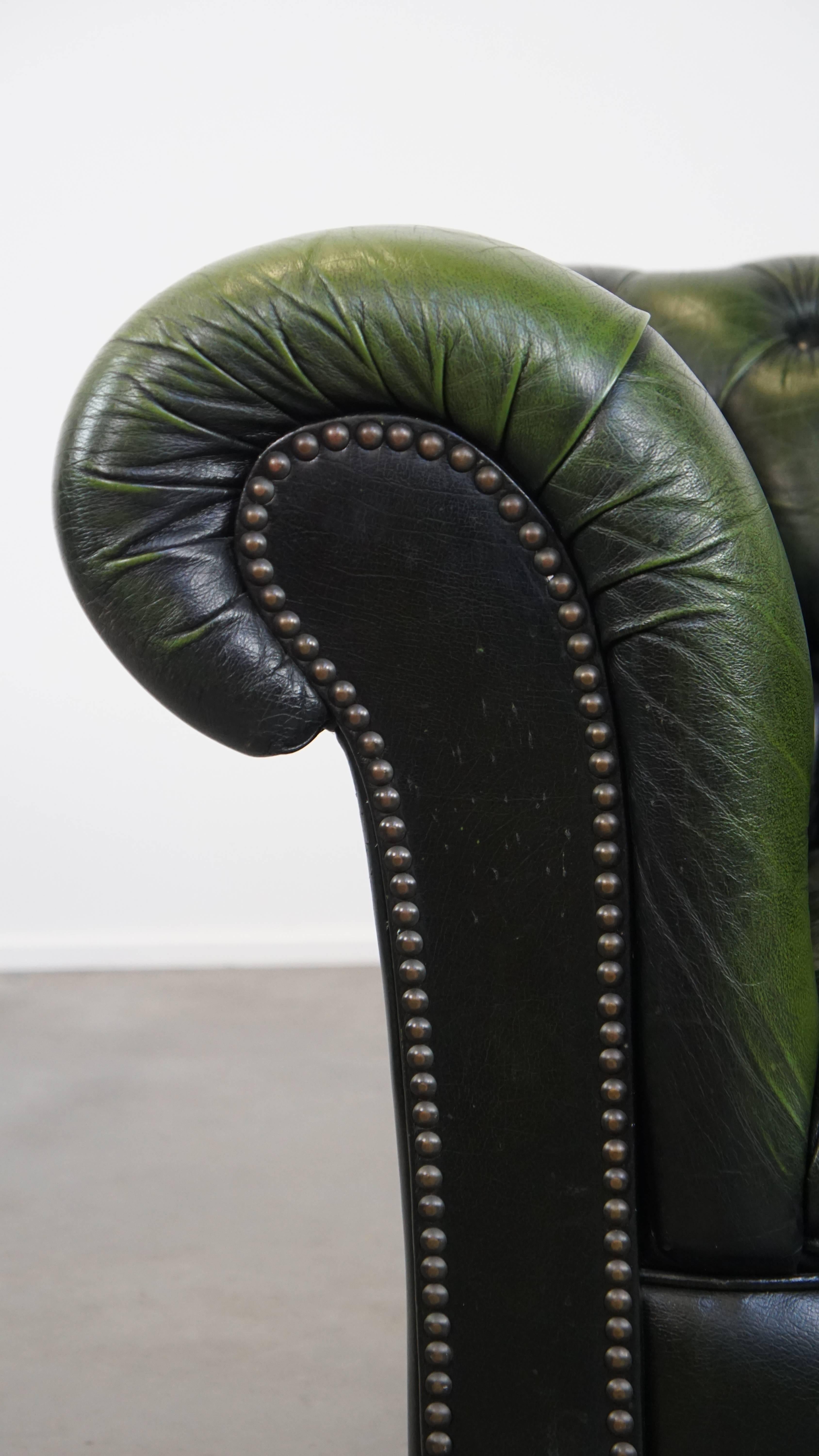 Green English Chesterfield Club Armchair with Beautiful Patina and Vintage Look For Sale 3