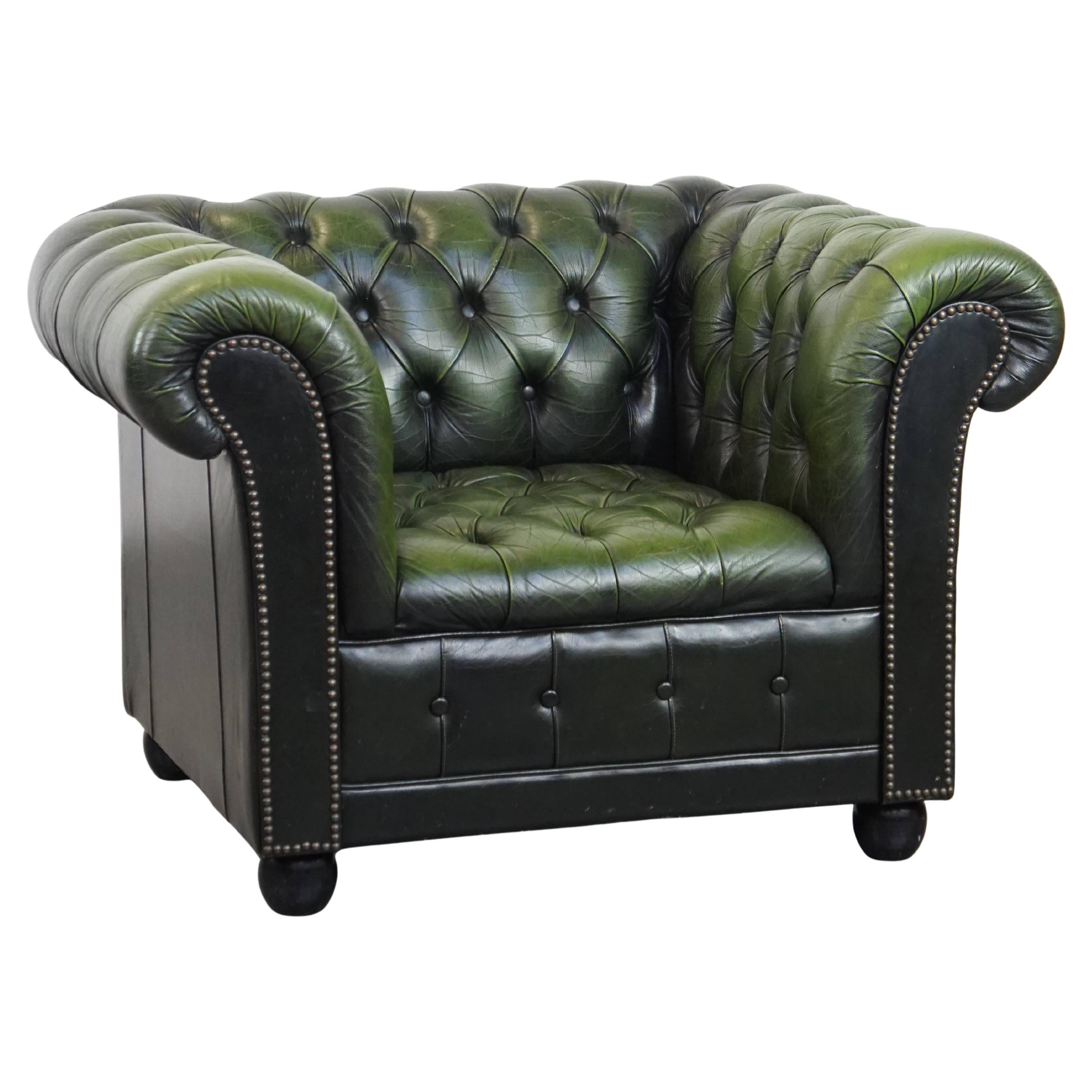 Green English Chesterfield Club Armchair with Beautiful Patina and Vintage Look