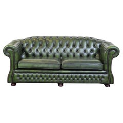 Vintage Green English cowhide leather 2.5-seater Chesterfield sofa, very good condition