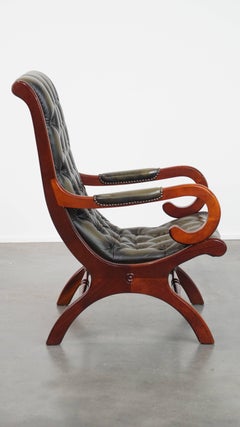 Green English-Style Cowhide Leather Chesterfield Armchair with Wood