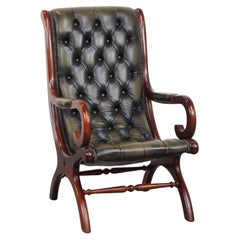 Green English-Style Cowhide Leather Chesterfield Armchair with Wood