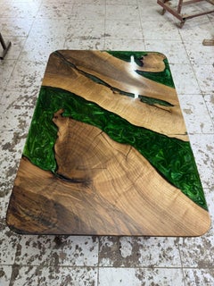 Green Epoxy Resin River Dining Table Solid Walnut Live Edge Wood Table
