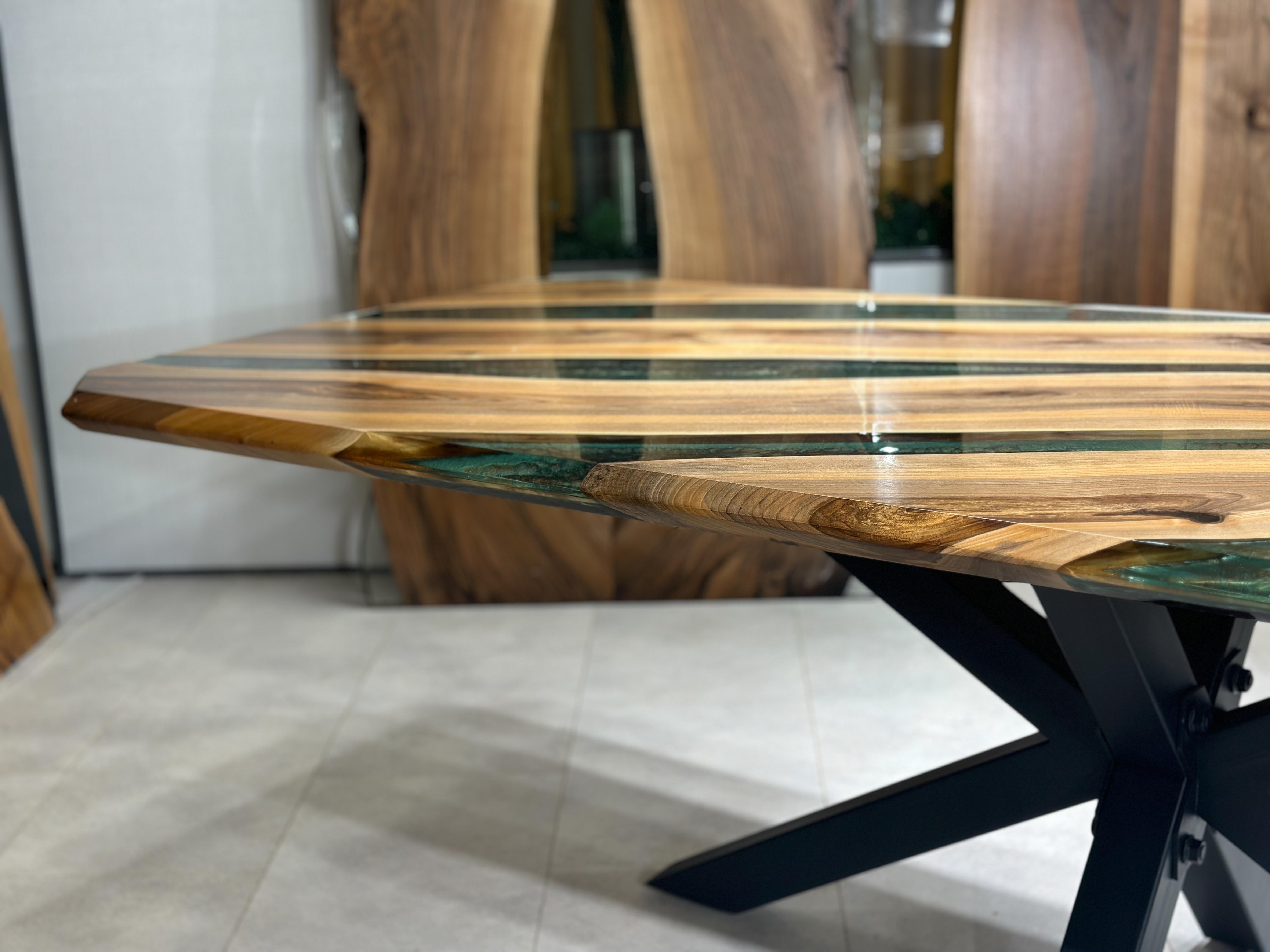 Minimalist Green Epoxy Resin River Walnut Dining Table For Sale