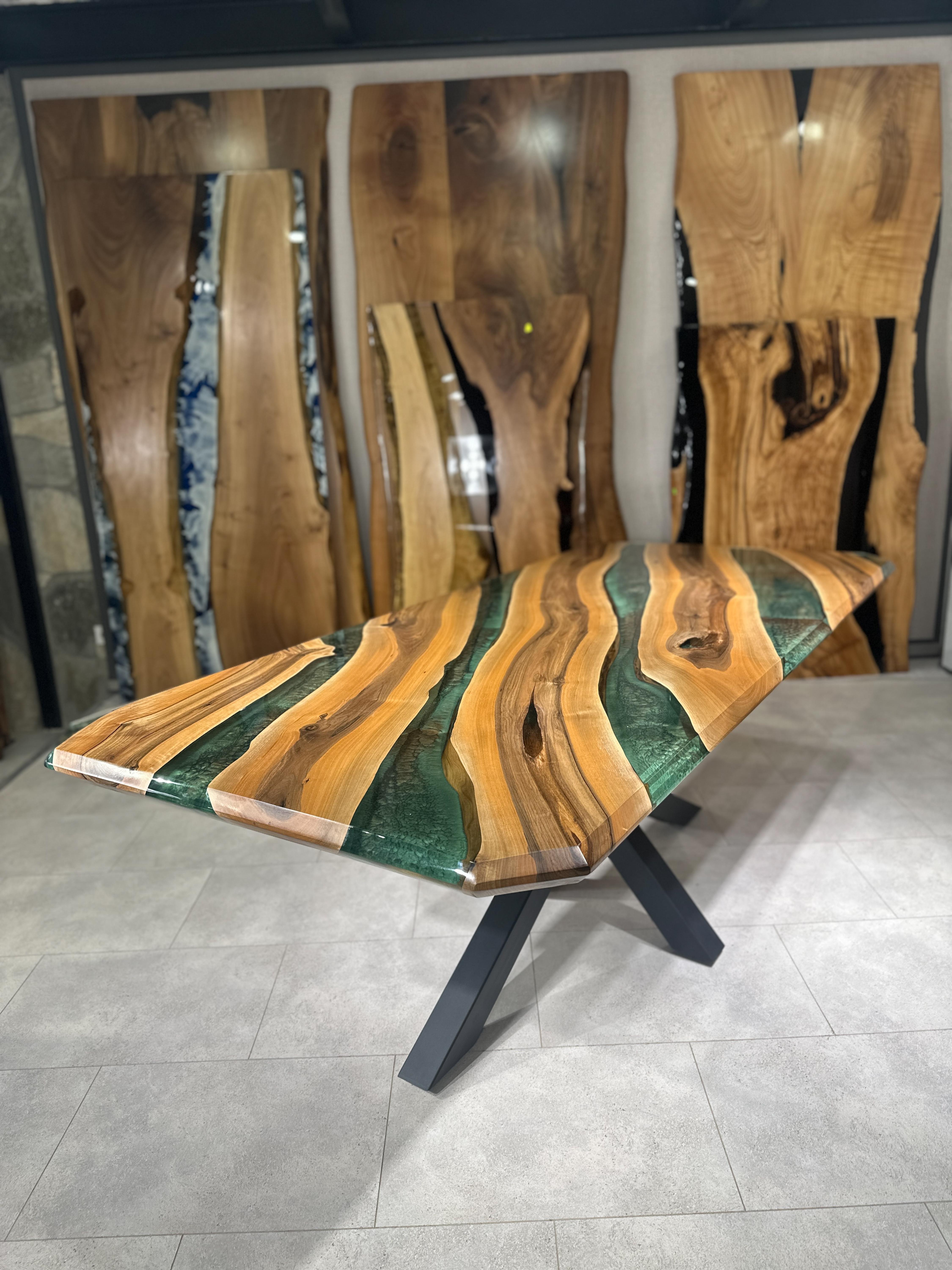 Turkish Green Epoxy Resin River Walnut Dining Table For Sale