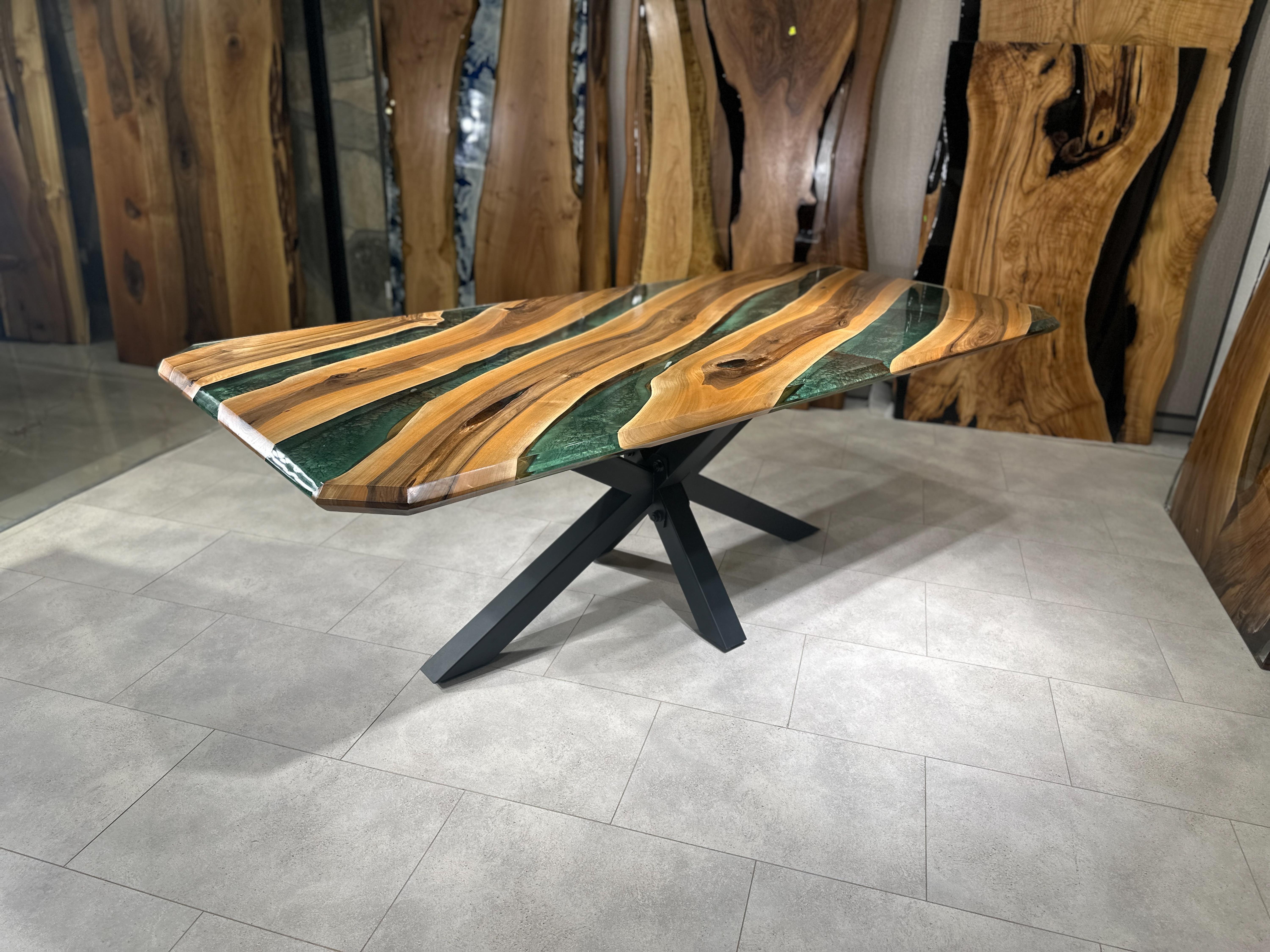 Woodwork Green Epoxy Resin River Walnut Dining Table For Sale