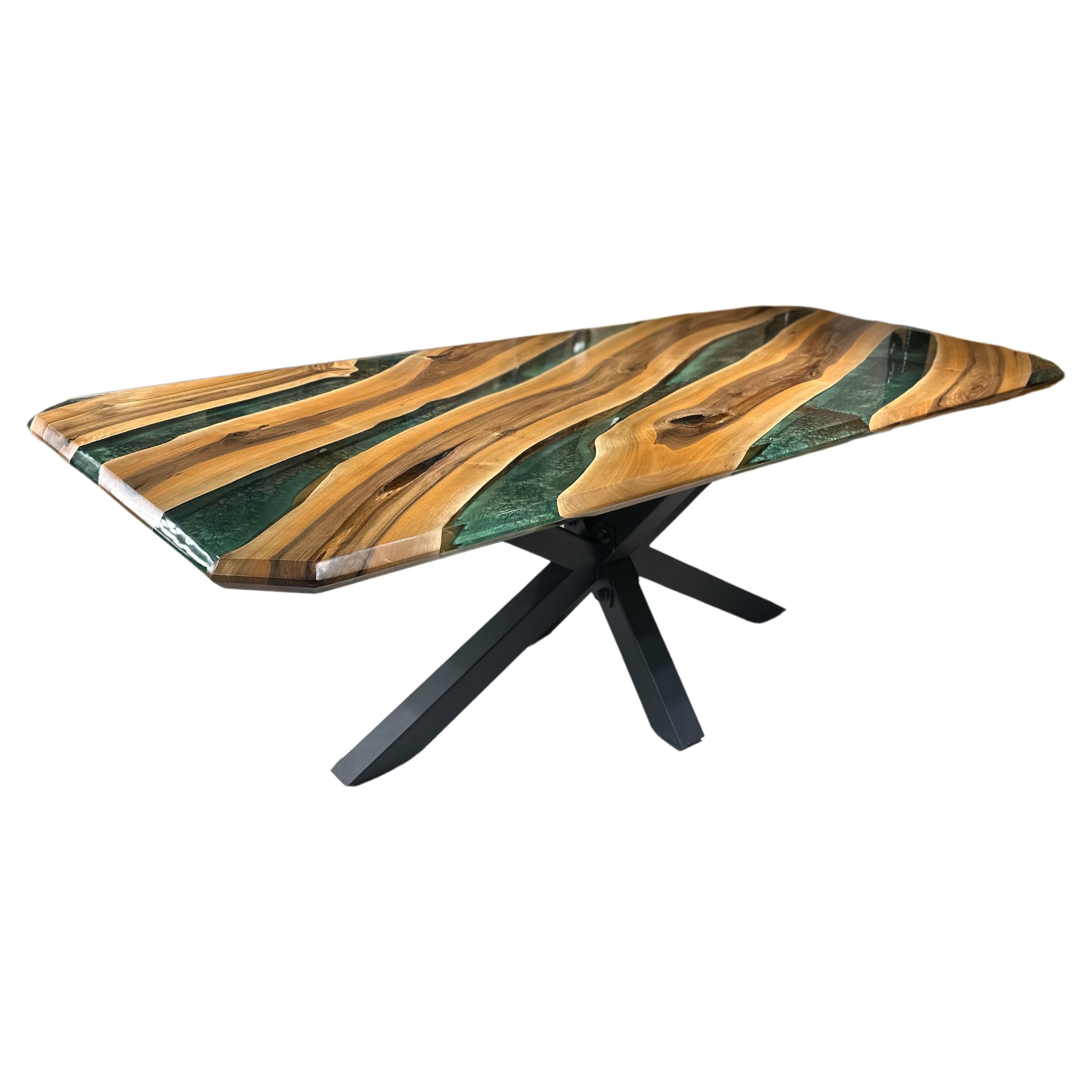Green Epoxy Resin River Walnut Dining Table For Sale