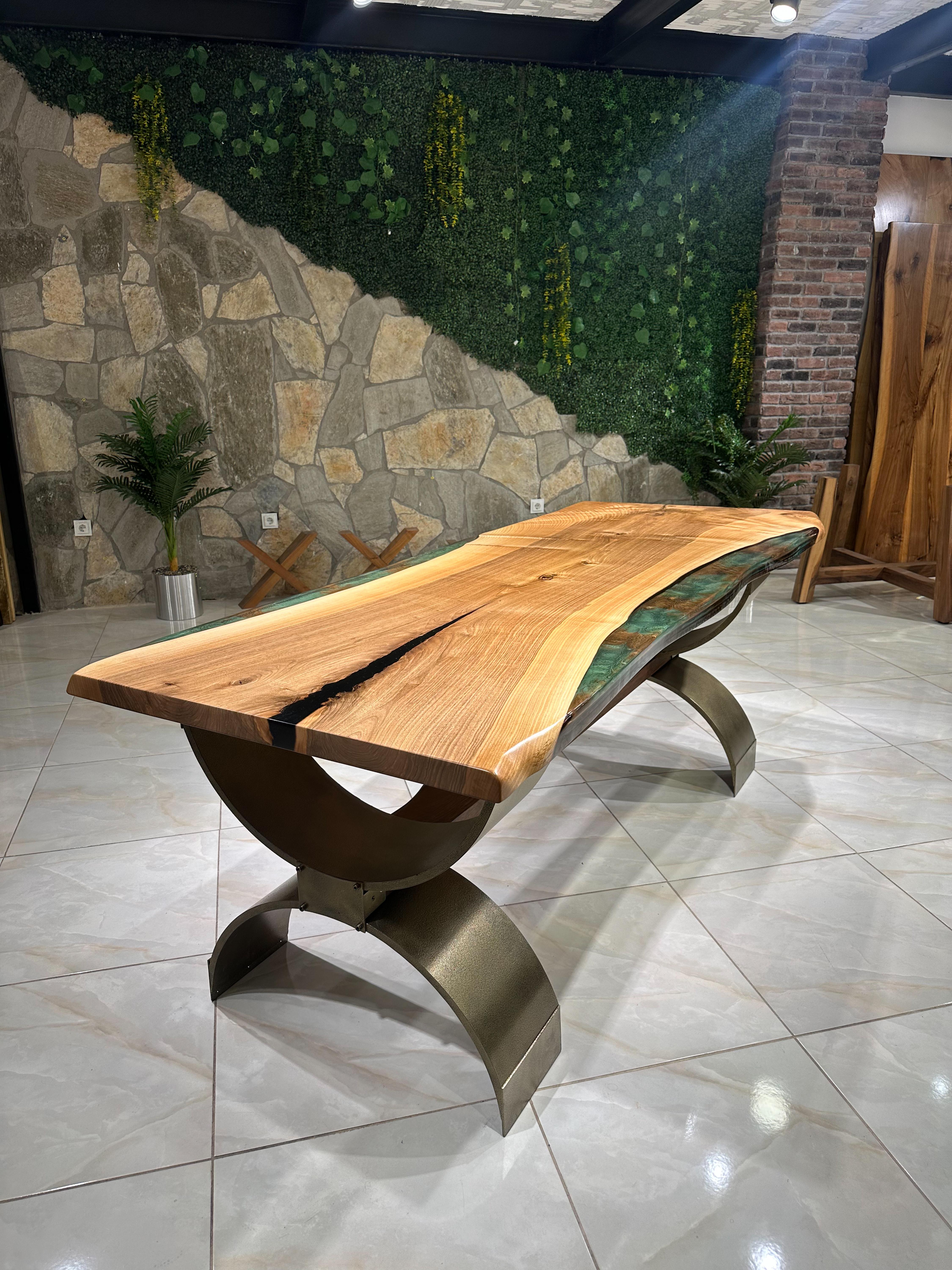 Mesa de comedor de nogal epoxi verde - Mesa de madera personalizable resina epoxi en venta