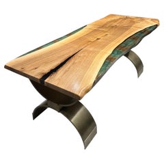 Green Epoxy Walnut Dining Table - Customizable Wood Table