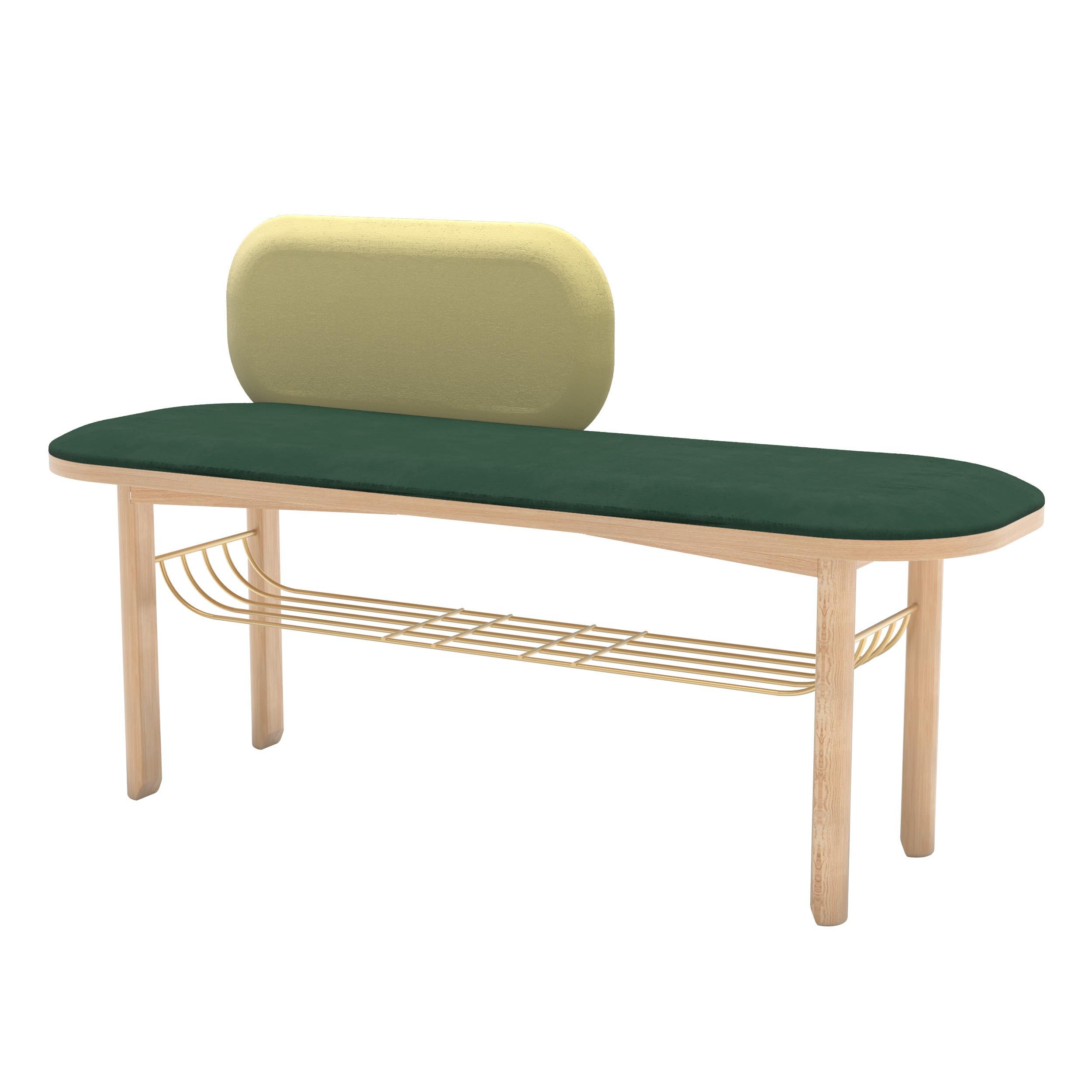 Grüne Eustache-Bank aus natürlicher Eiche von HARTO
Abmessungen: B 120 x T 40 x H 74 cm. 
MATERIALIEN: Massivholz, holzfurniertes MDF, Samt, Metall, Schaumstoff.
Gewicht: 24.5 kg

Die Bank Eustache ist ebenso praktisch wie elegant, mit ihrem