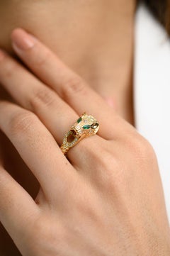 Vintage Panther Head Cocktail Ring Crafted in 18k Solid Yellow Gold
