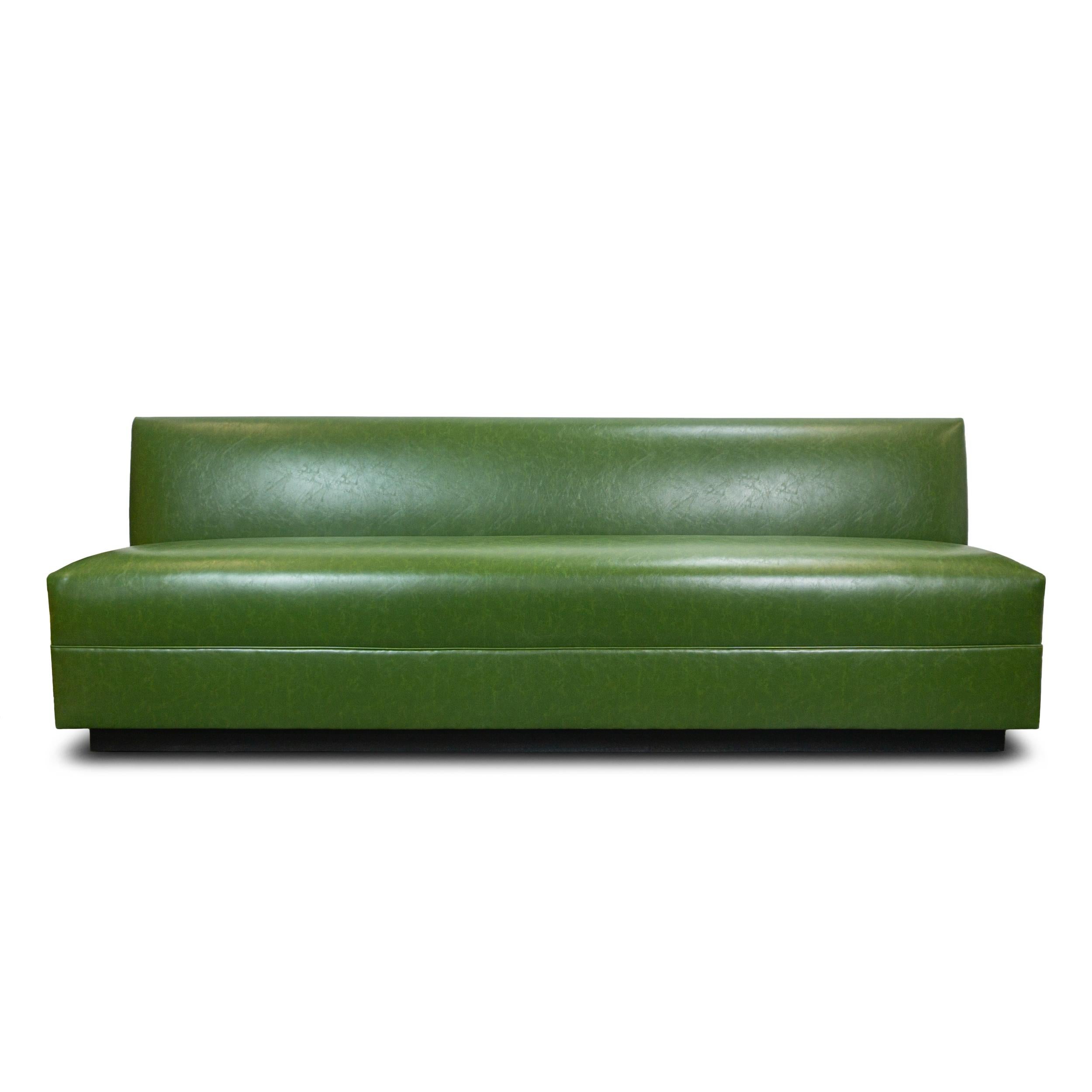 Stained Green Faux Leather Tight Seat Banquette, Customizable For Sale