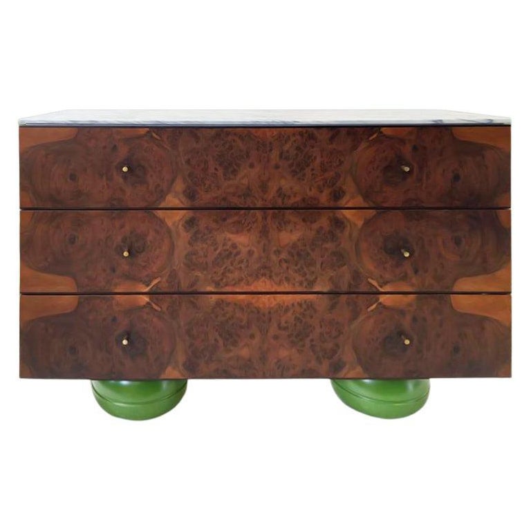 Green Feet Chest of Drawers, Burr Walnut Marble Top and Painted Feet For Sale