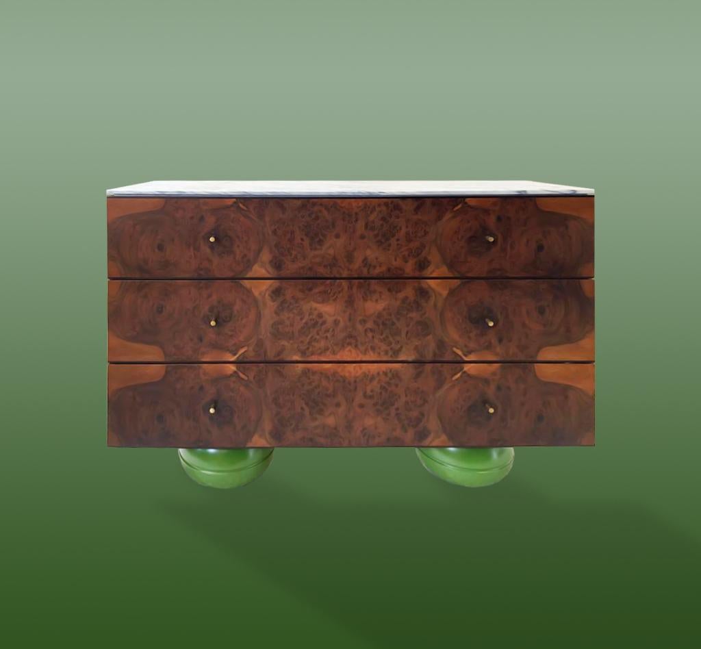 British Green Feet Chest of Drawers, Burr Walnut Marble Top and Painted Feet  For Sale