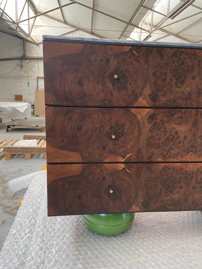 Veneer Green Feet Chest of Drawers, Burr Walnut Marble Top and Painted Feet  For Sale