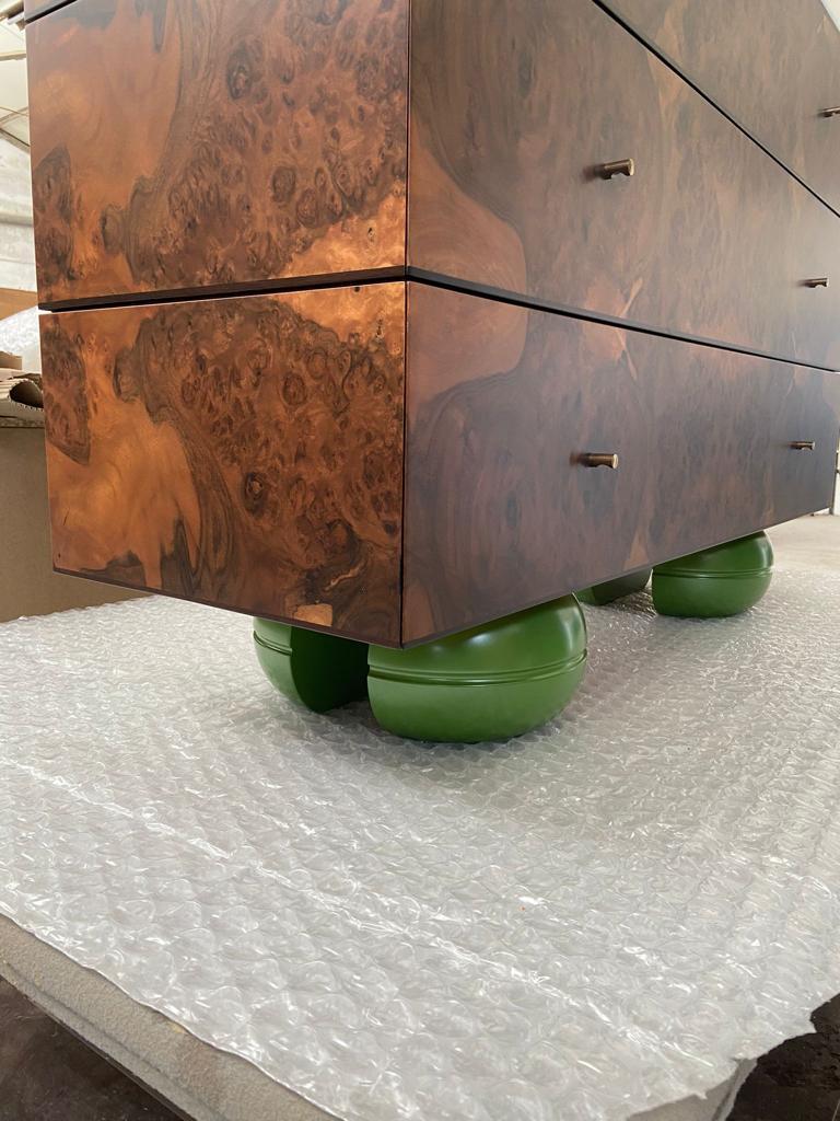 Green Feet Chest of Drawers, Burr Walnut Marble Top and Painted Feet  In New Condition For Sale In London, GB