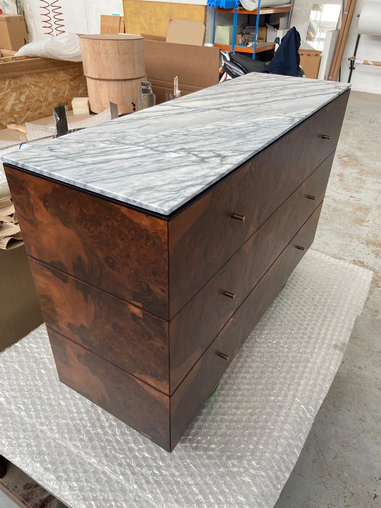 Contemporary Green Feet Chest of Drawers, Burr Walnut Marble Top and Painted Feet  For Sale