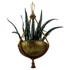 Green Fern Leaves and Brass Basket Chandelier Attributed to Maison Baguès, 1950s