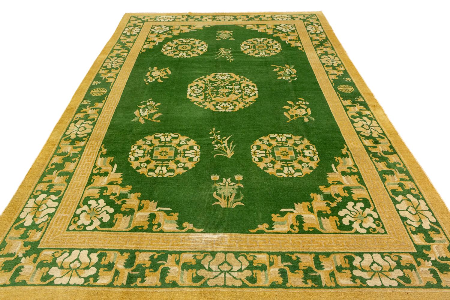 Green Field Antique Chinese Peking Wool Rug with Medallion, ca. 1900 3