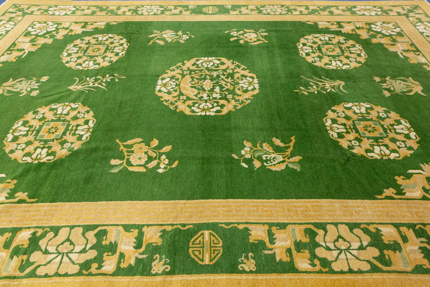 Green Field Antique Chinese Peking Wool Rug with Medallion, ca. 1900 4