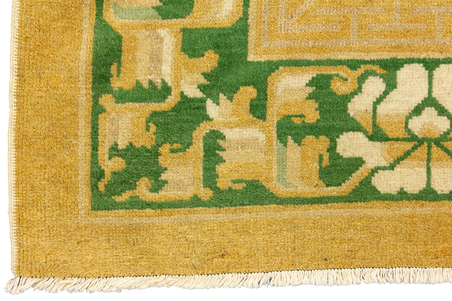 Green Field Antique Chinese Peking Wool Rug with Medallion, ca. 1900 1