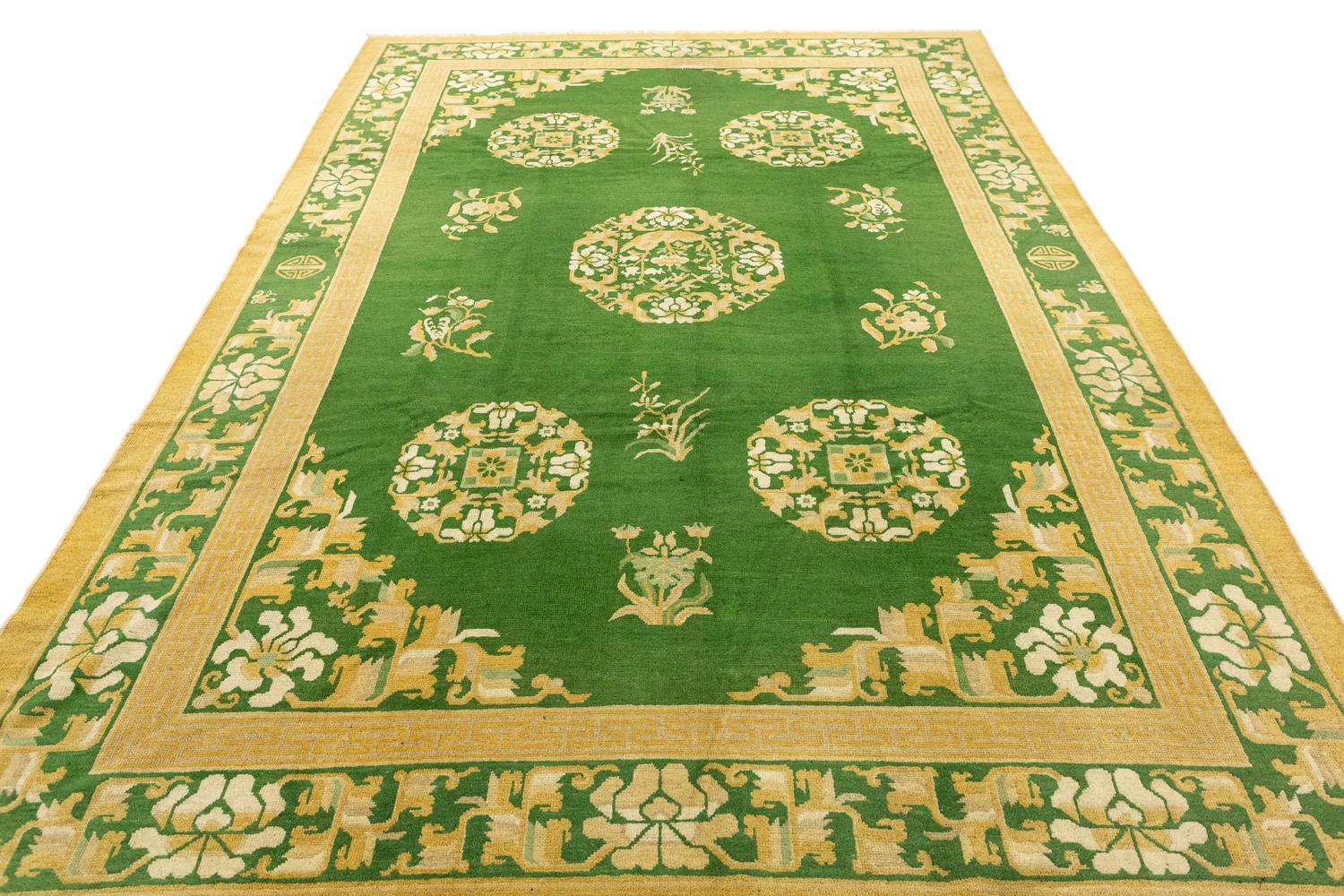 Green Field Antique Chinese Peking Wool Rug with Medallion, ca. 1900 2