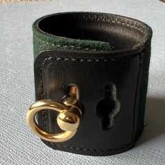 Leather Bracelet Cuff Green Wool Black Calfskin Gold Plate, Italy - J Dauphin